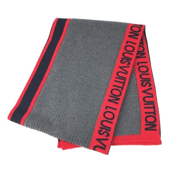 Auth LOUIS VUITTON M71255 Echarpes LV generation Scarf wool gray/Red - Picture 9 of 9